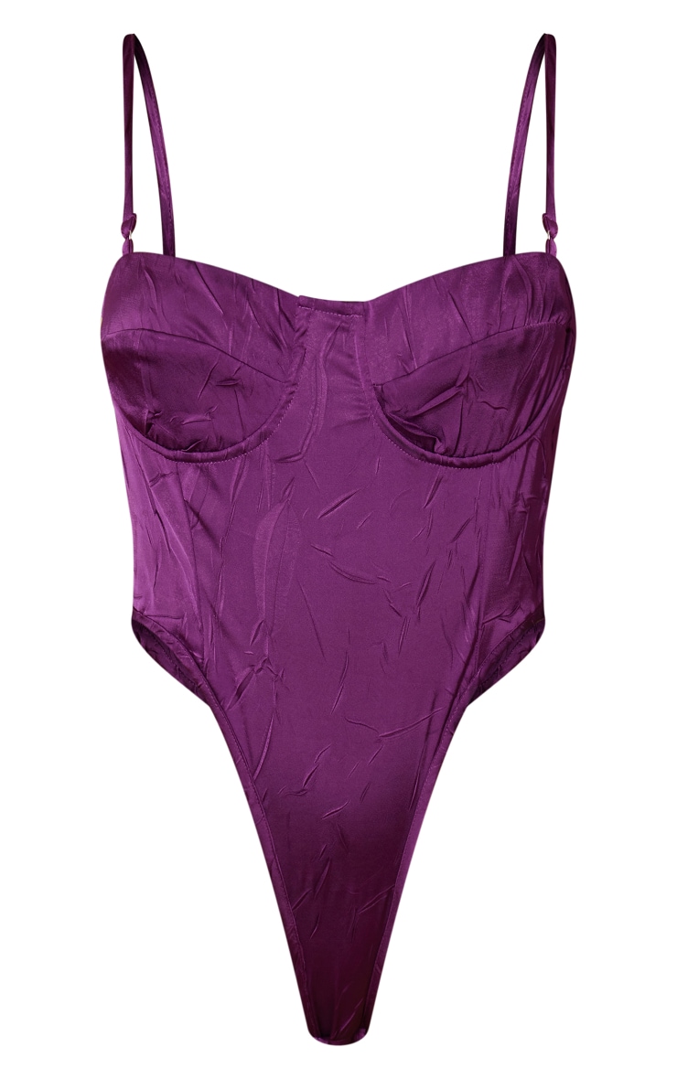 Purple Satin Curved Hem Corset Bodysuit image 5