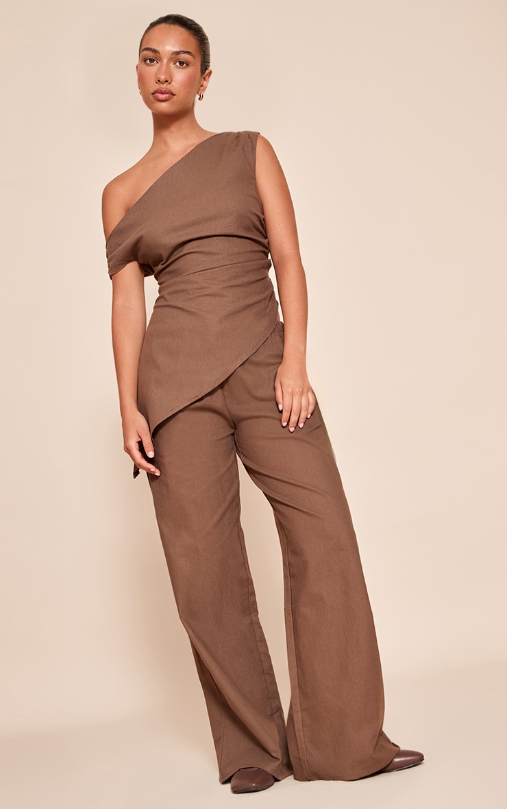Chocolate Woven One Shoulder Asymmetric Long Top image 3