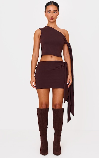 Petite Chocolate Contour Jersey Tie Detail Foldover Mini Skirt