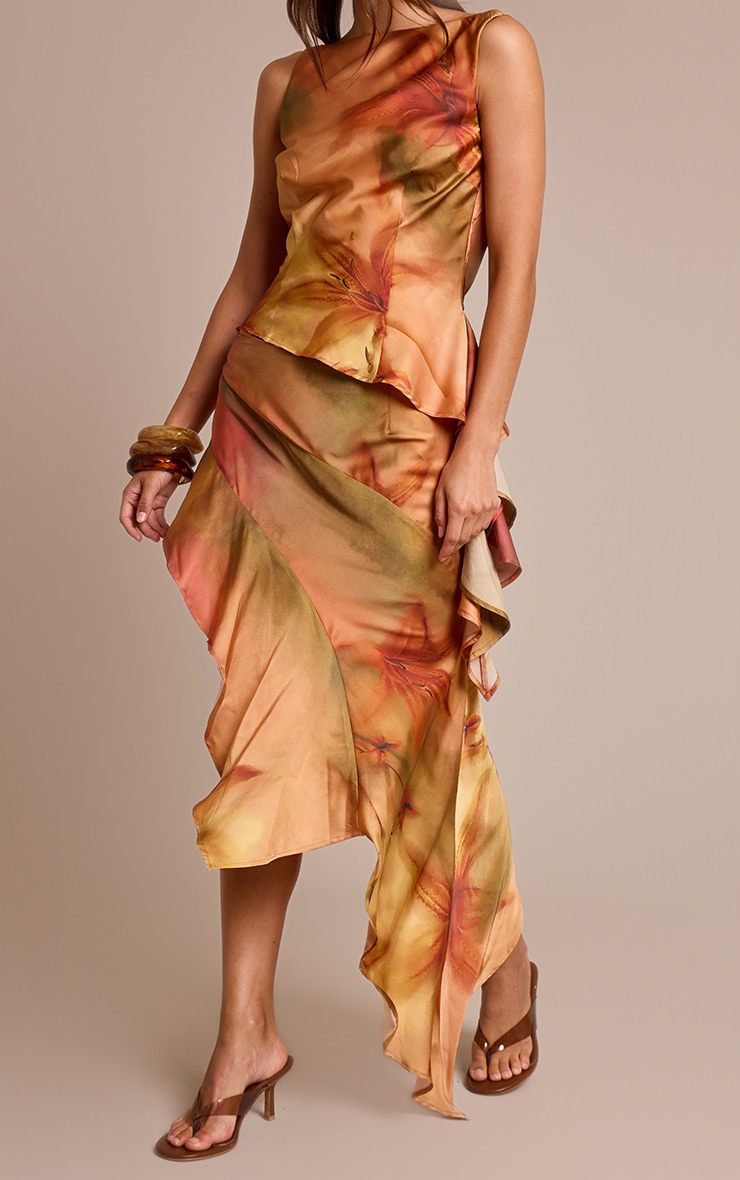 Burnt Orange Printed Satin Asymmetric Ruffle Midi Skirt image 5