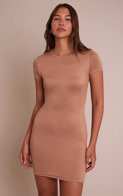 Taupe Soft Touch Jersey Cap Sleeve Bodycon Dress