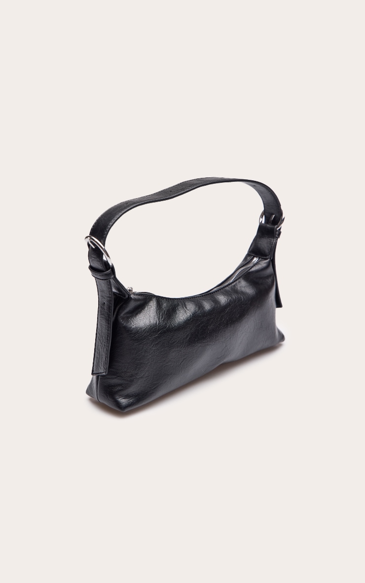 Black Burnish Faux Leather Buckle Detail Shoulder Bag image 3