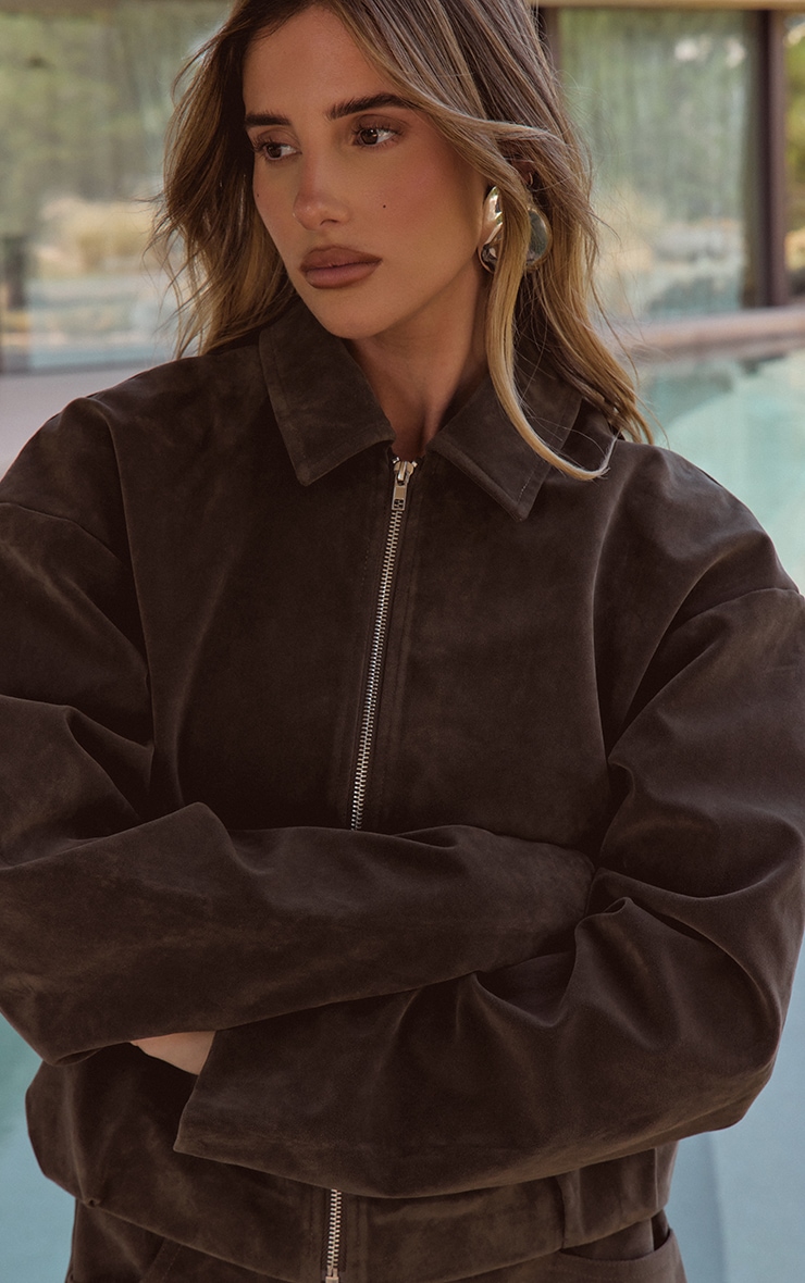Khaki Suede Zip Up Pleated Cropped Jacket image 1