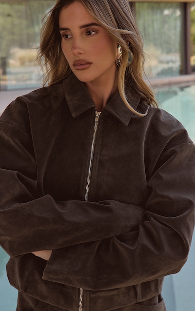 Khaki Suede Zip Up Pleated Cropped Jacket