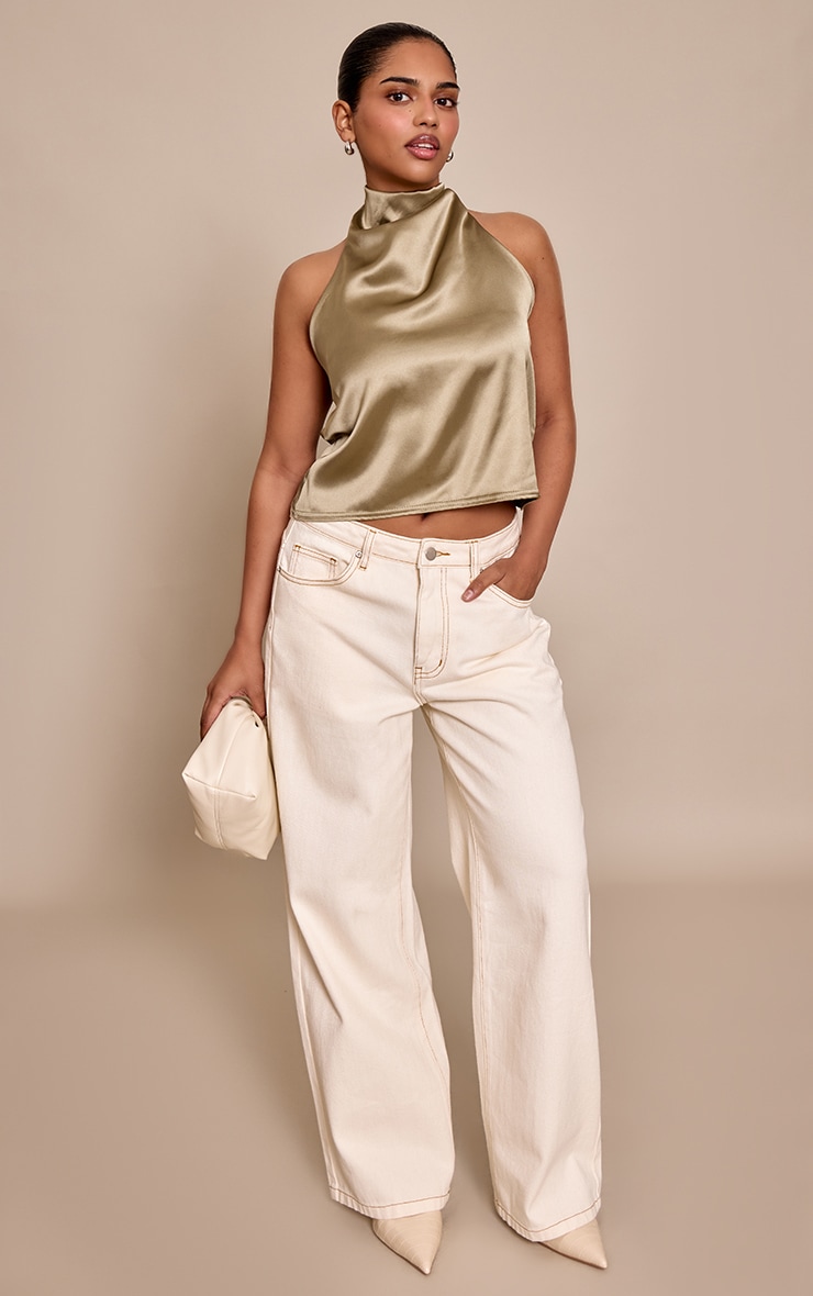 Petite Khaki Satin Halterneck Tie Top image 3