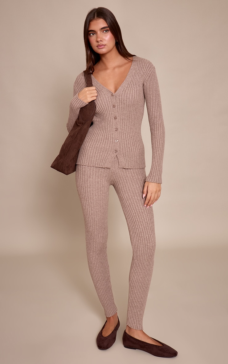 Taupe Ribbed Knitted Long Sleeve Button Down Cardigan image 3