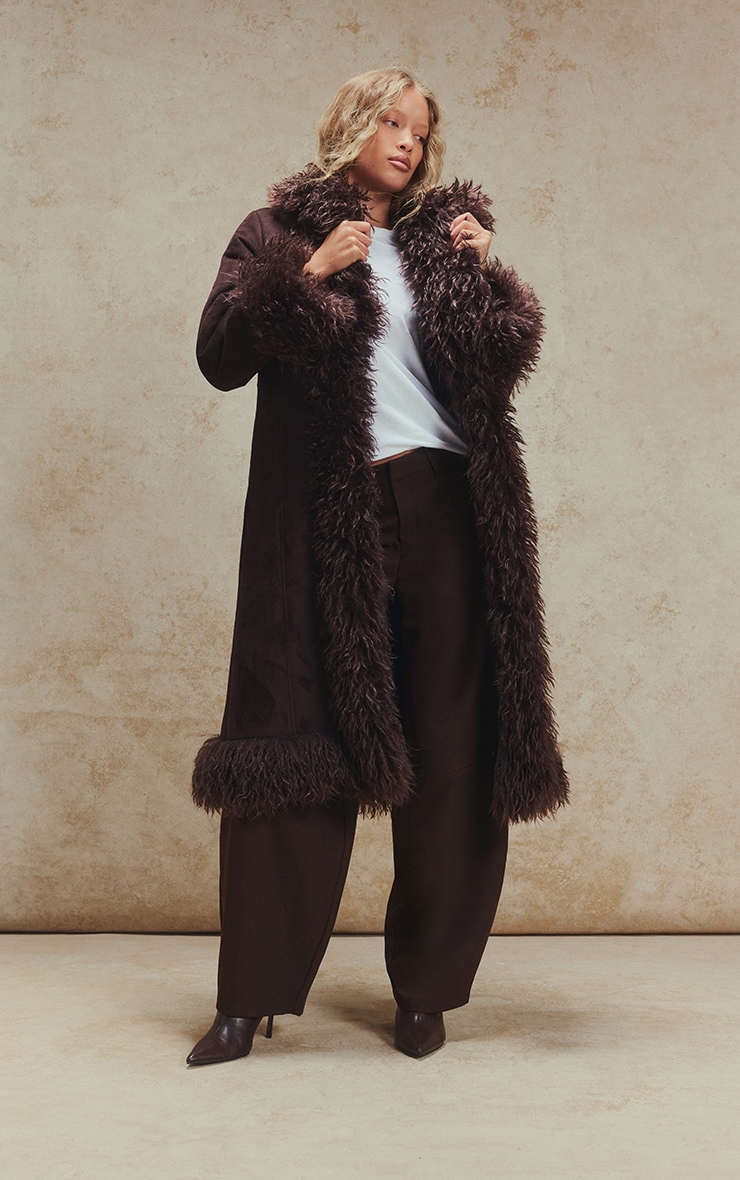 Chocolate Brown Faux Fur Trim Maxi Coat image 4