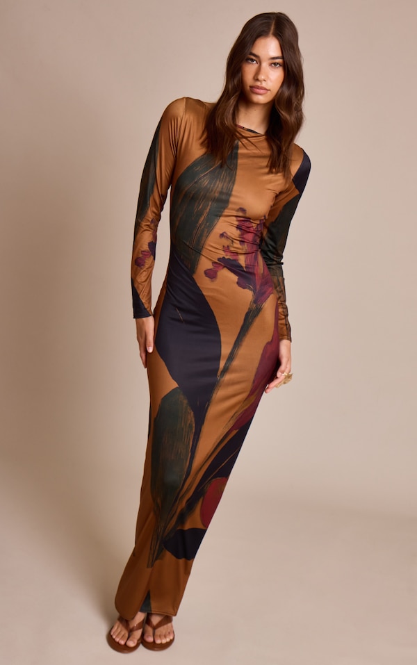 Dark Chocolate Floral Printed Slinky Long Sleeve Maxi Dress