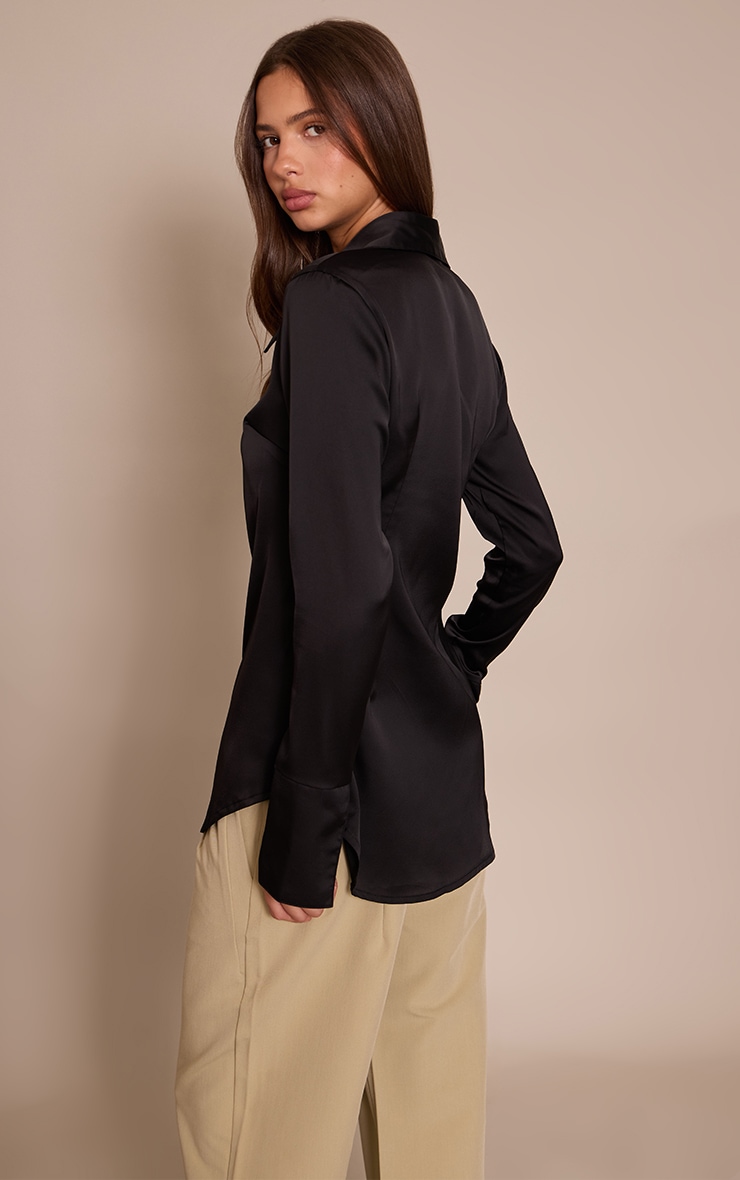 Black Satin Oversized Collar Button Down Fitted Shirt image 2