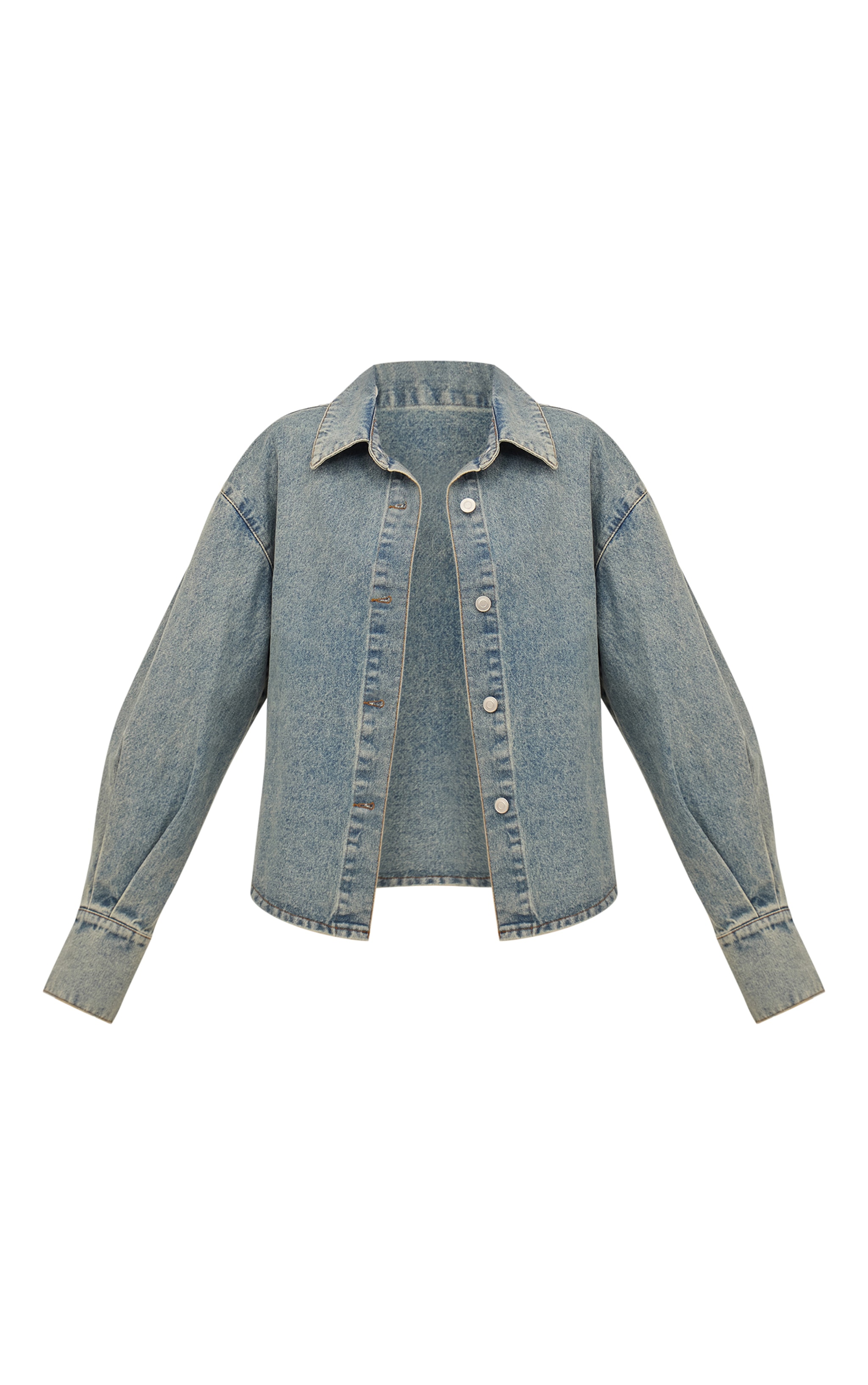 Vintage Balloon Sleeve Curved Hem Denim Shirt image 5