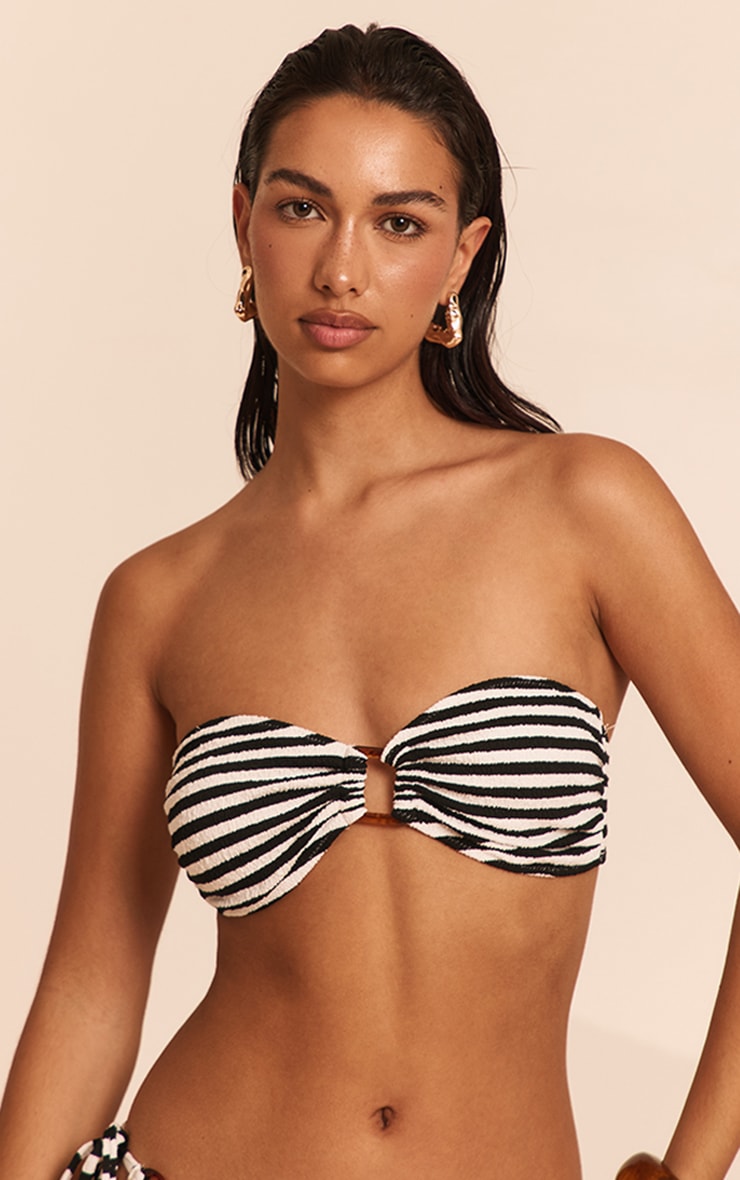 Black Textured Stripe Bandeau Bikini Top image 4