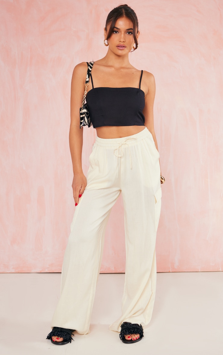 Black Linen Look Strappy Crop Top image 2