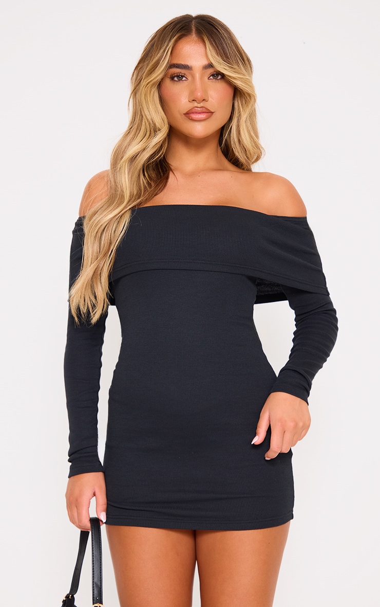 Black Rib Foldover Bardot Bodycon Dress image 4