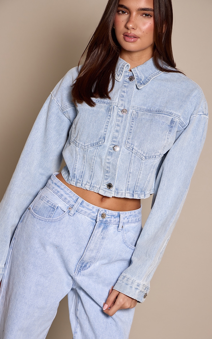  Light Blue Balloon Sleeve Cropped Denim Jacket image 4