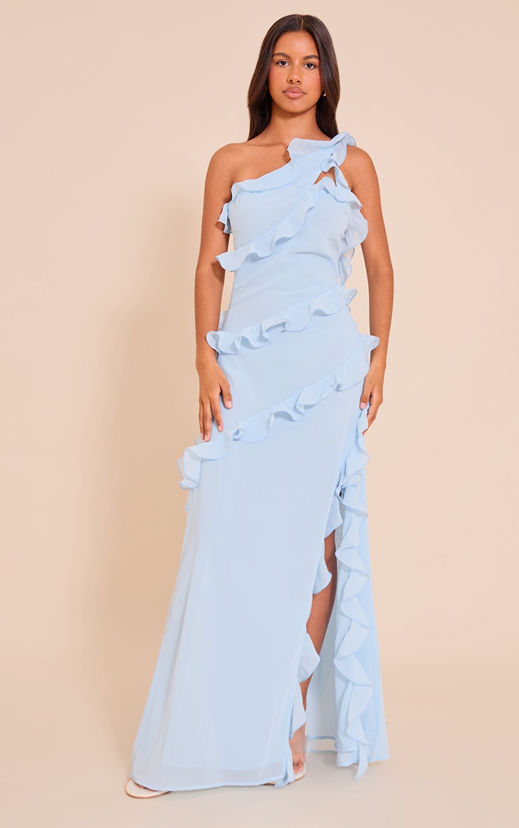 Petite Baby Blue Chiffon Frill Detail Maxi Dress image 1