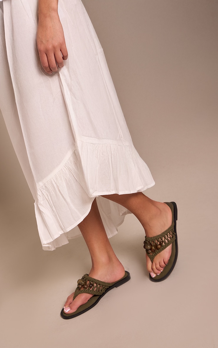 Khaki Weave Beaded Toe Thong Sandals