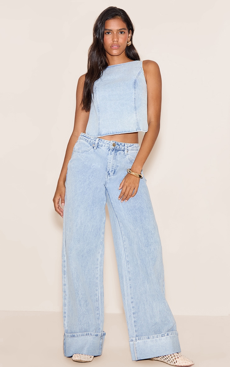 【YOURNUS】Tassel Light Blue Wide Denim Frame - Le High N Tight Wide Leg Raw Denim in Rossum 2Year