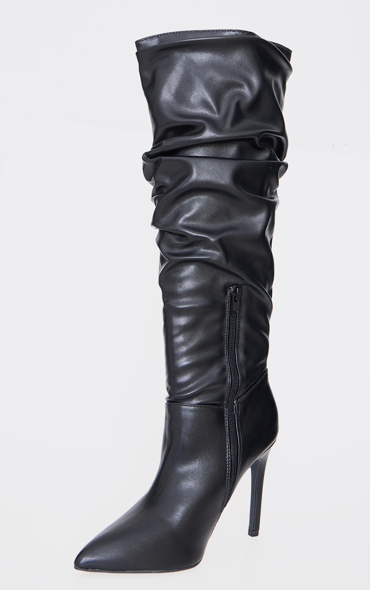 Black PU Point Toe Ruched High Stiletto Heeled Knee Boots image 3