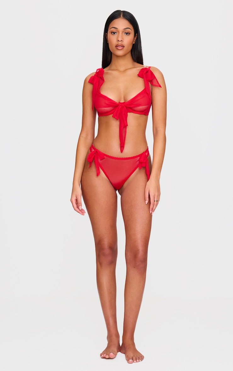 Red Mesh Bow Detail Lingerie Set image 3