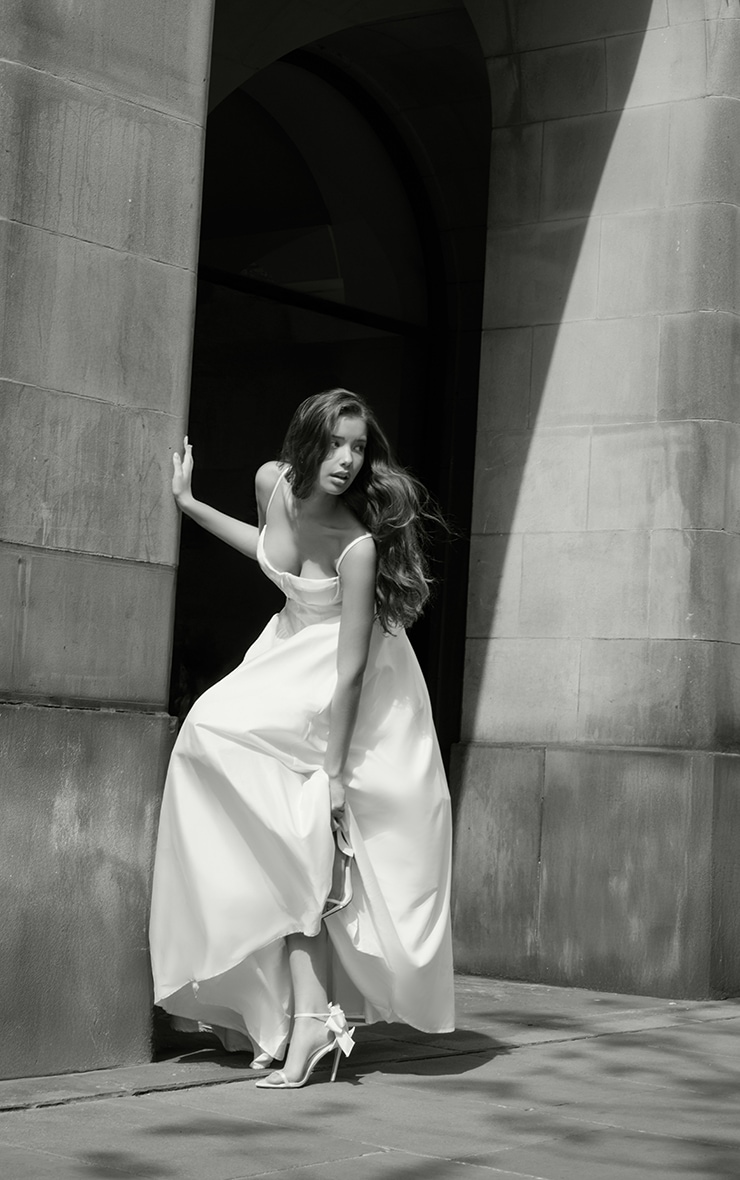 Premium White Satin Corset Skater Maxi Dress image 3