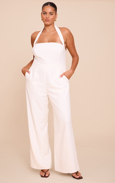 Plus Cream Premium Woven Halterneck Straight Leg Jumpsuit