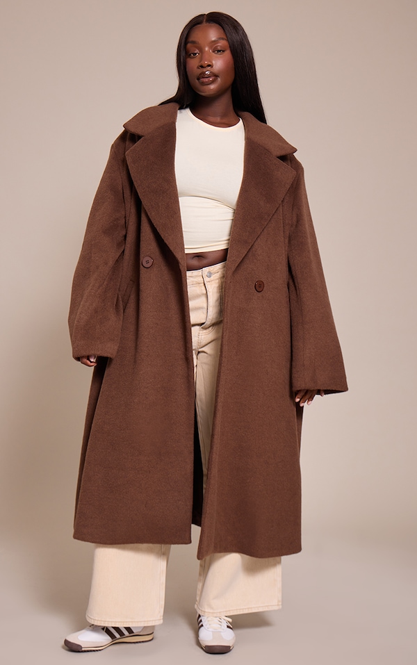 Plus Chocolate Brushed Wool Maxi Coat