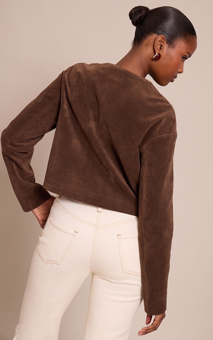 Chocolate Round Neck Gold Button Suede Jacket image 2