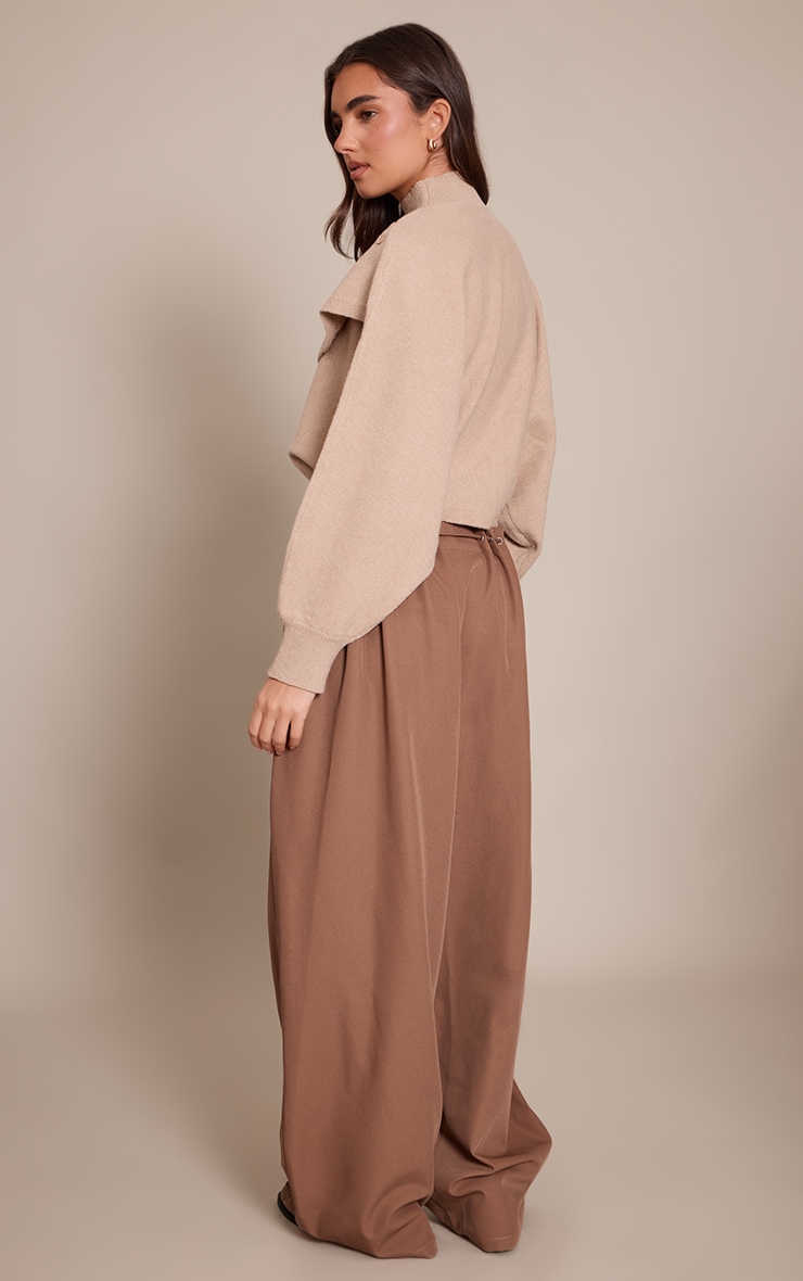 Light Brown Pleated Eyelet Waistband Wide Leg Pants image 3