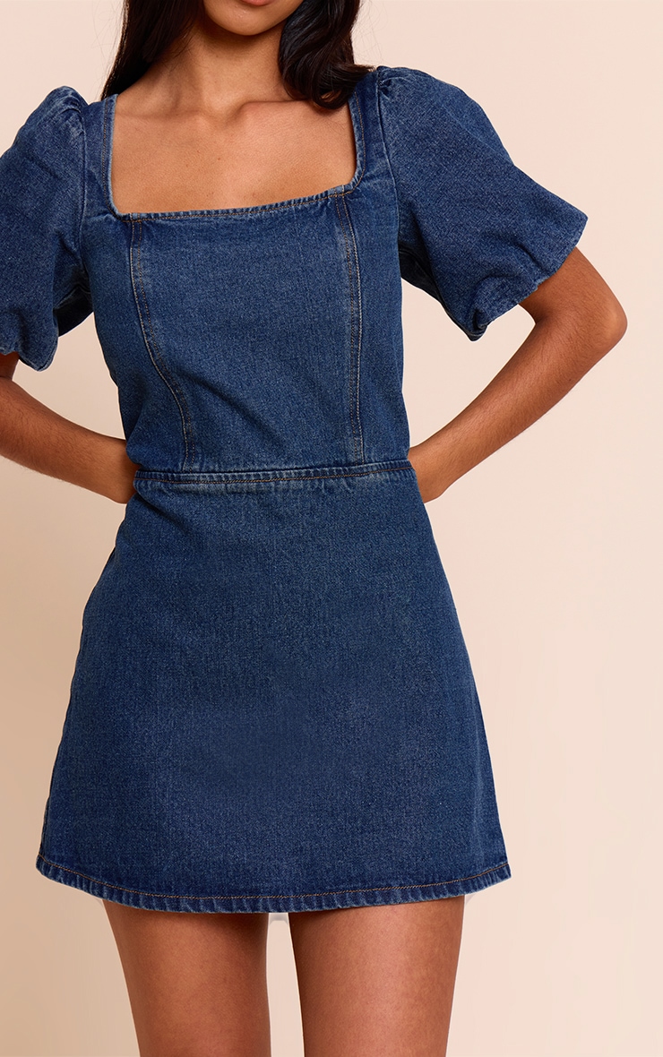 Petite Mid Blue Wash Puff Sleeve Tie Back Denim Mini Dress image 4