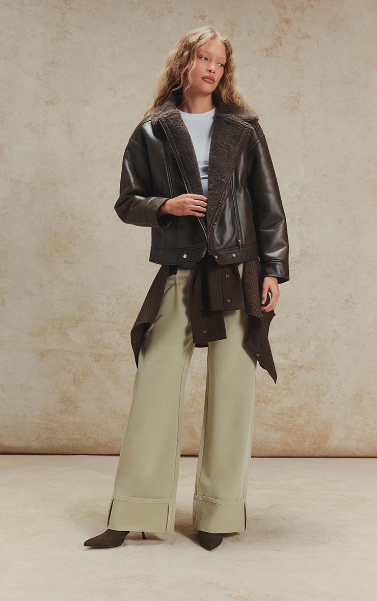 Khaki Borg Collar Faux Leather Aviator Jacket image 3