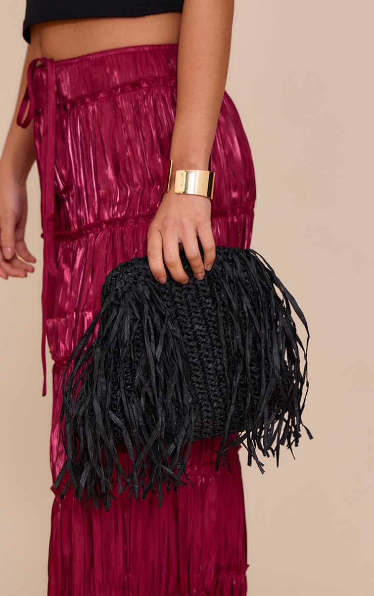 Pochette ample en raphia noire à franges image 5