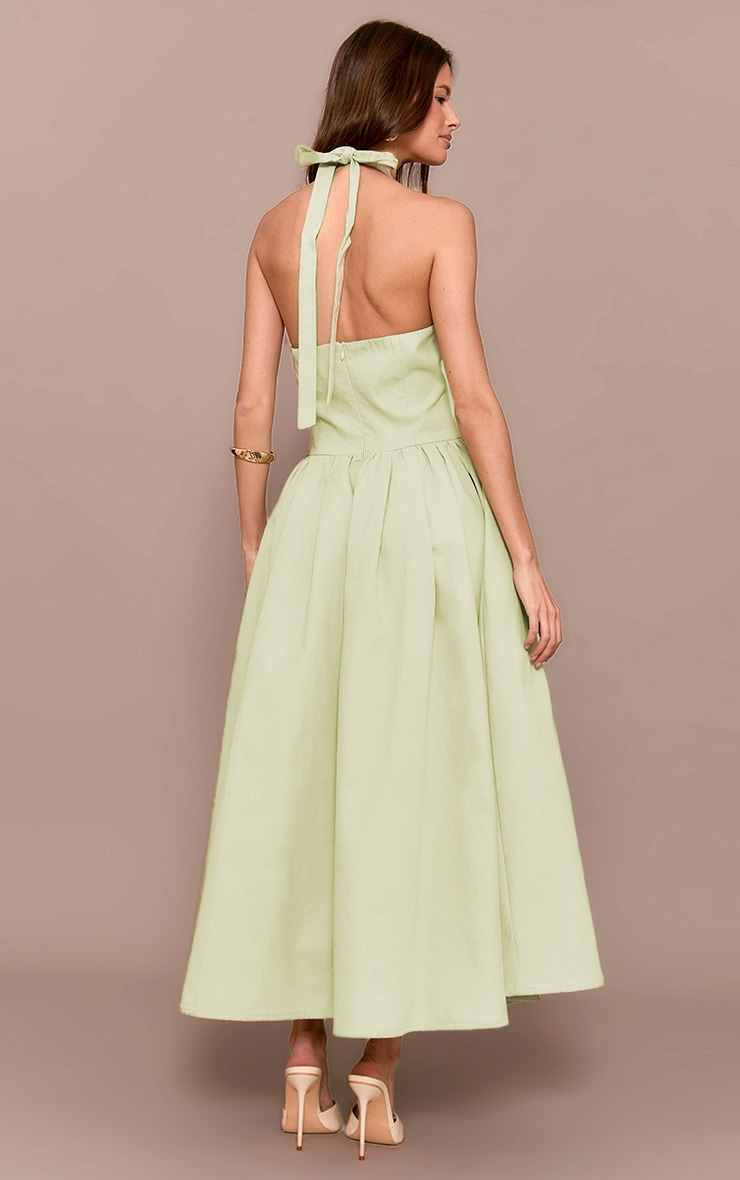 Sage Green Halterneck Tie Detail Ruched Midaxi Dress image 2