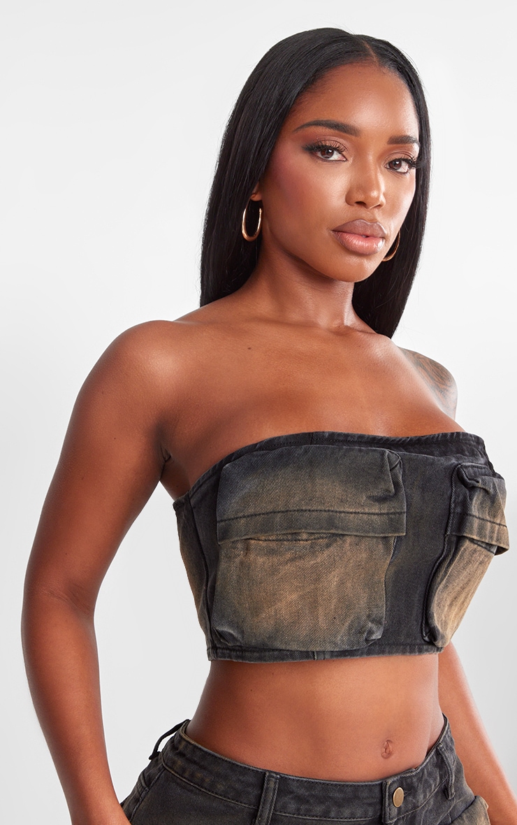 Shape Brown Washed Denim Pocket Detail Bandeau Crop Top image 4