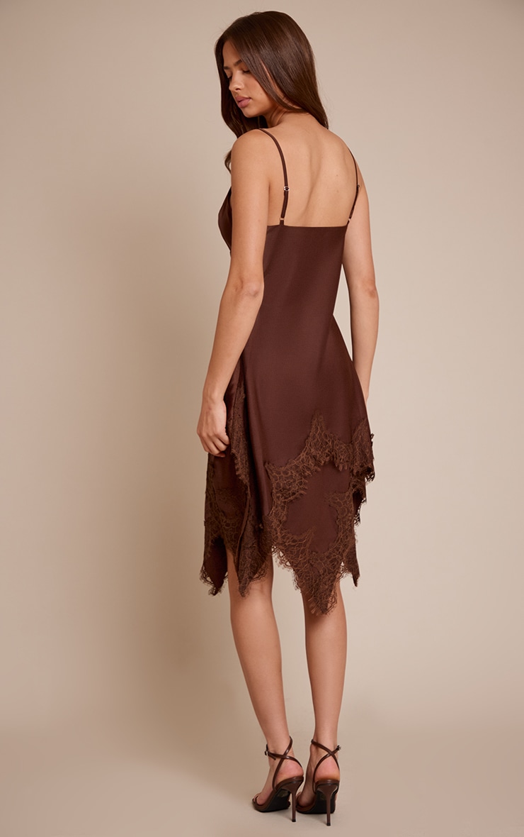 Chocolate Satin Lace Trim Detail Mini Dress image 2