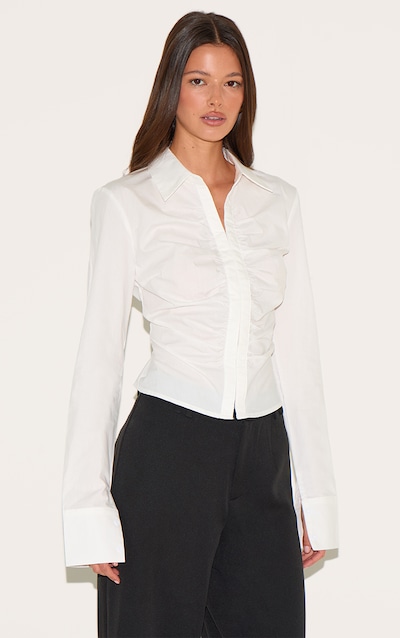 White Hook And Eye Ruched Fitted Shirt