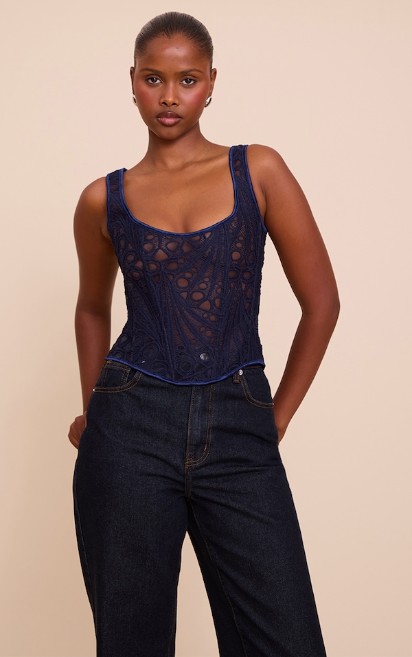 Navy Textured Sheer Floral Square Neck Corset