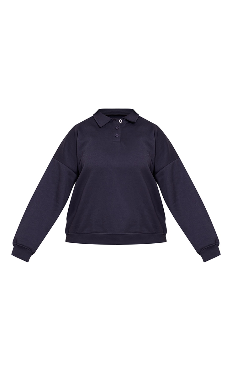 Plus Navy Button Up Long Sleeve Polo Sweatshirt image 5