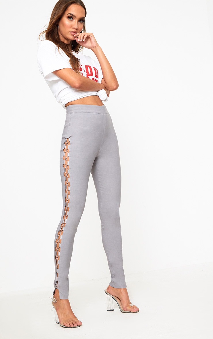 Grey Lace Up Side Cigarette Trousers image 1