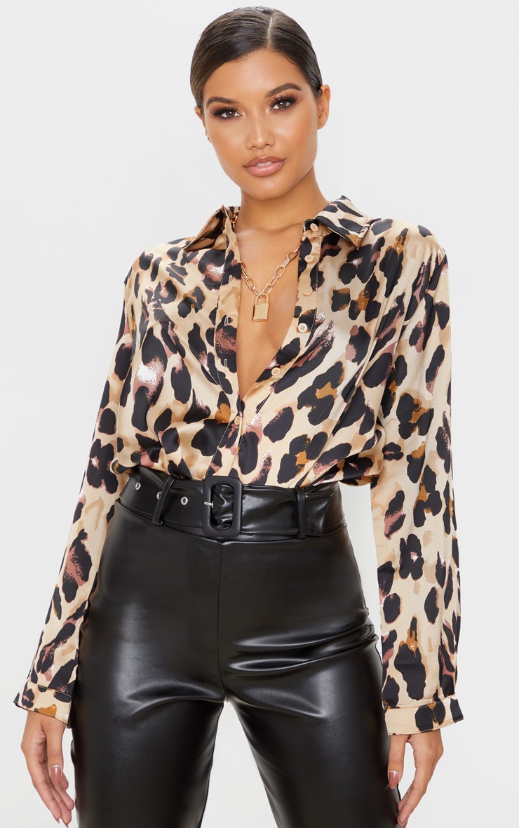 Tan Leopard Print Satin Oversized Shirt