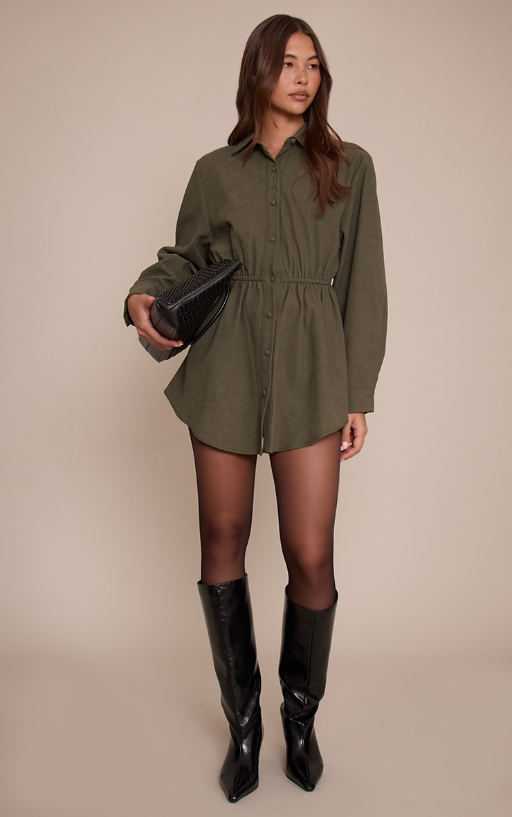 Khaki Faux Suede Button Down Cinched Waist Mini Dress image 3
