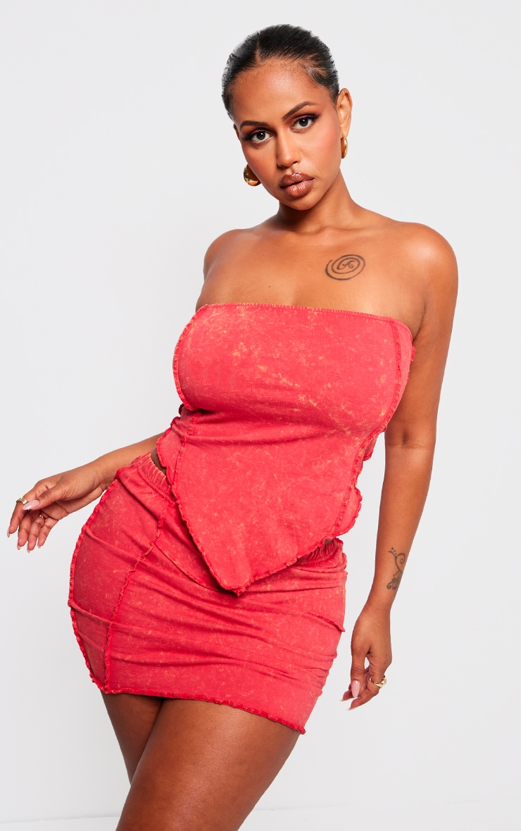 Shape Red Washed Cotton Seam Lettuce Hem Skirt image 4