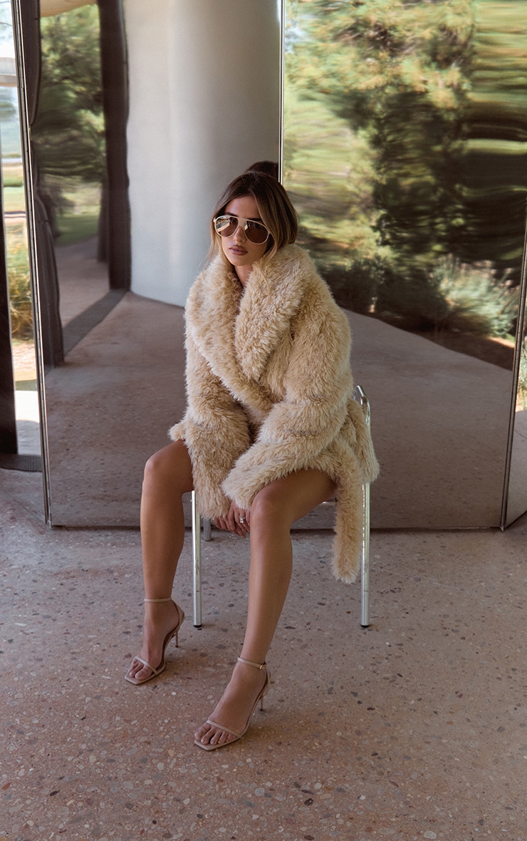 Cream Oversized Collar Faux Fur Coat image 3