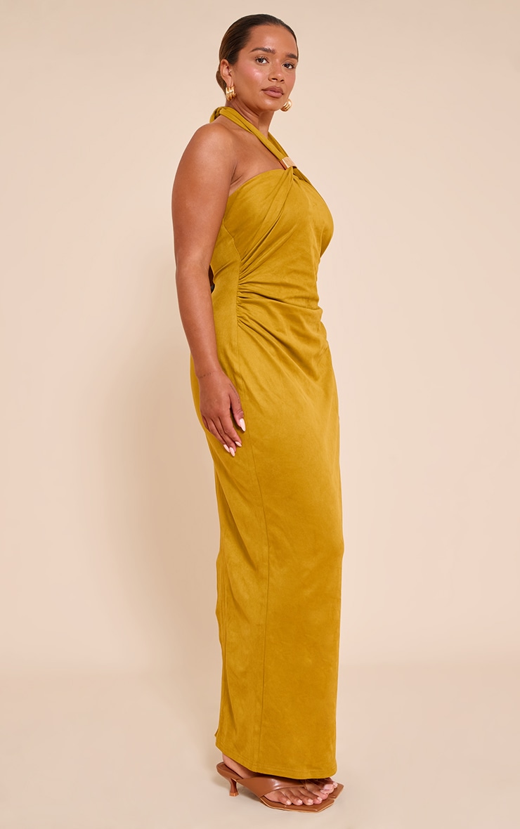 Shape Olive Faux Suede Gold Trim Halterneck Maxi Dress image 3