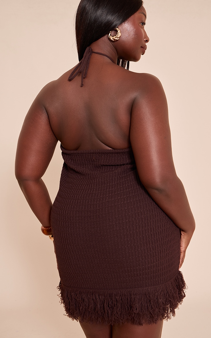 Plus Chocolate Knitted Halterneck Bead Detail Fringe Mini Dress image 2