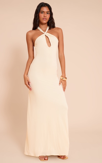Almond Slinky Keyhole Detail Sleeveless Maxi Dress