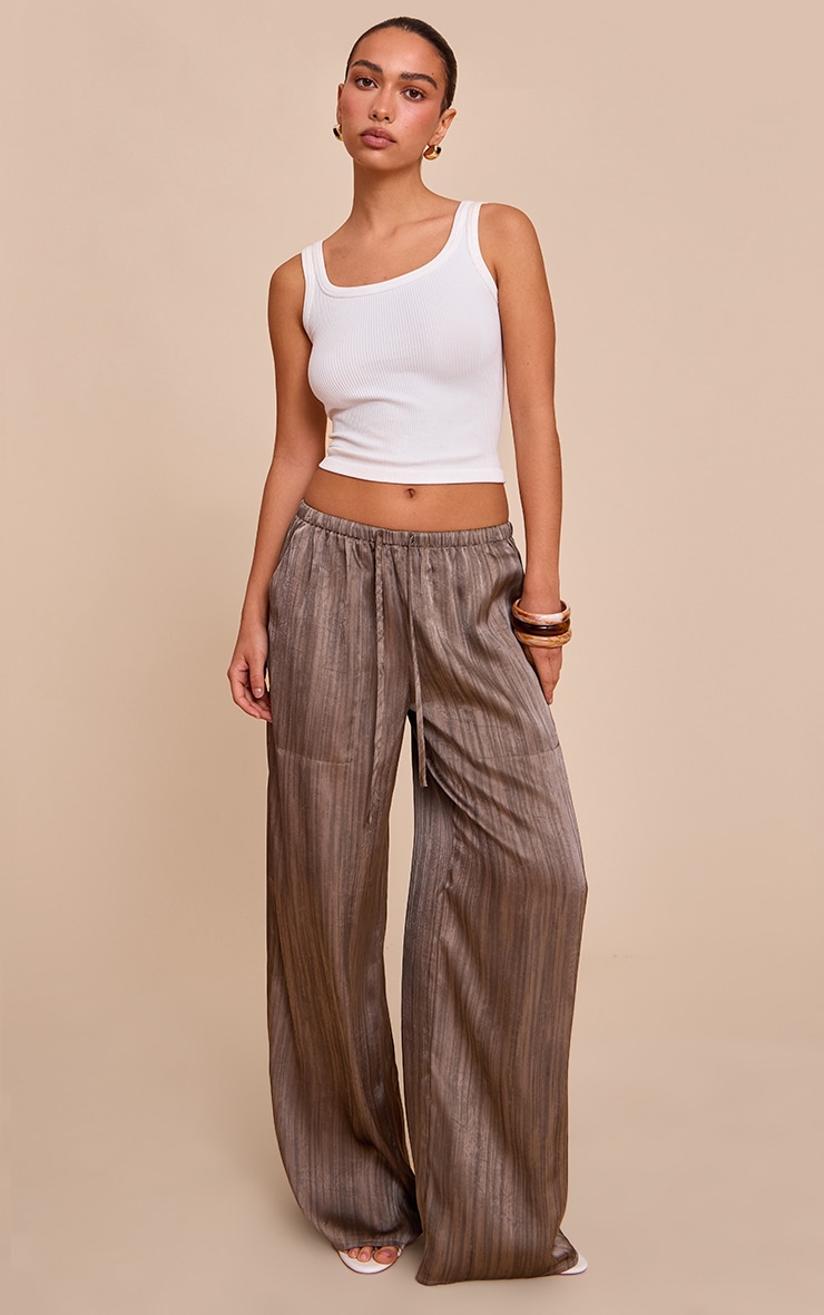 Grey Textured Woven Printed Satin Wide Leg Pants image 1