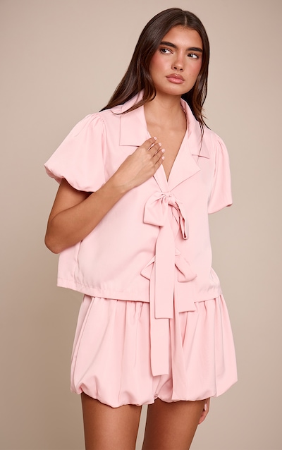 Baby Pink Puffball Bow Tie Up Short Pyjamas