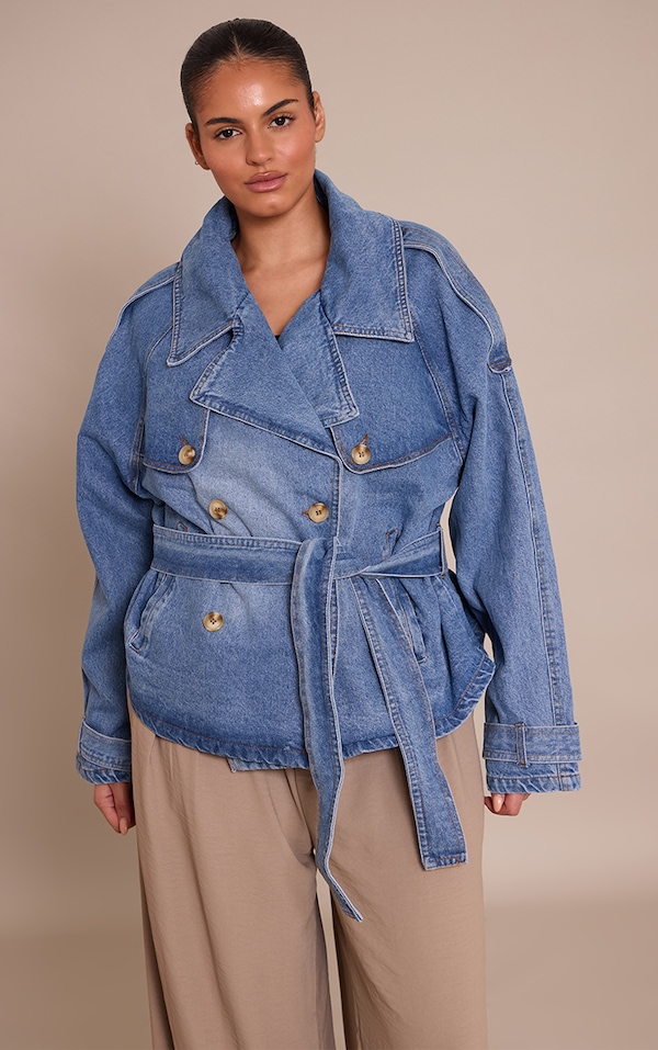 Plus Trench court en jean vintage moyen délavé à boutons et ceinture