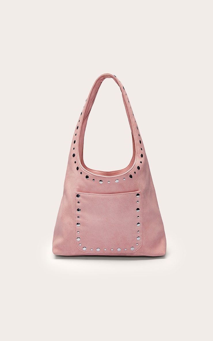 Sac à main en suédine rose poudré à clous image 2