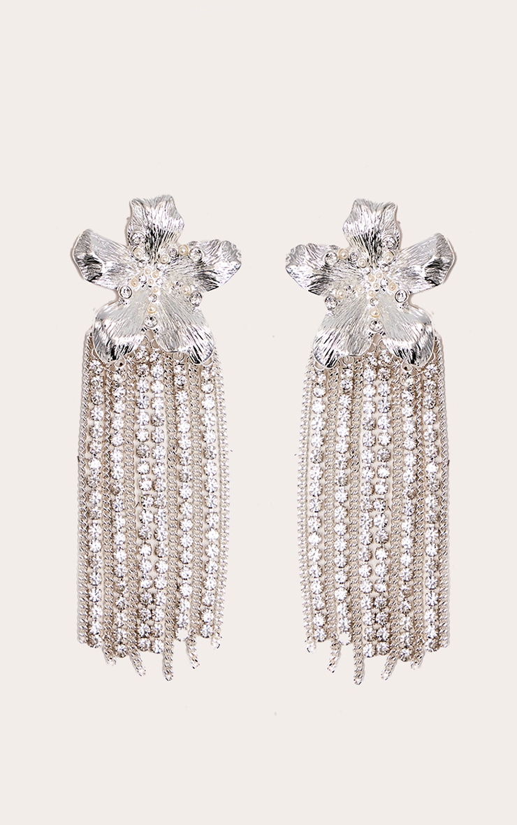 Boucles d'oreilles imposantes drapées argentées à strass en fleur image 2